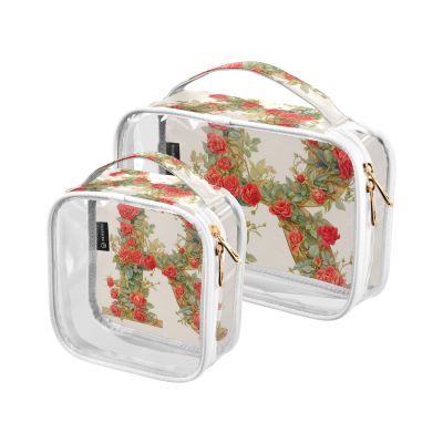 2 Pack Clear Decorative Toiletry Bags for Traveling TSA Approved Floralmorphic Letter E Red Roses Flower Watercolor Transparent Cosmetic Bag Travel Travel Essential maquillaje para
