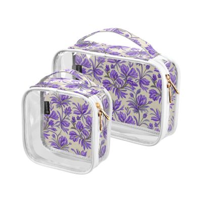 2 Pack Clear Decorative Makeup and Toiletry TSA Approved Vintage Flower Lavender Gold Multifunctional Makeup Brush Bag Airport Airline Compliant maquillaje para