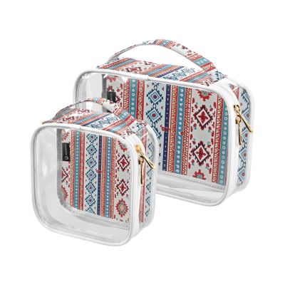 2 Pack Clear Decorative Toiletry Bags for TSA Approved Boho Red and Blue Vintage Texture Reusable Cosmetic Travel Bag Travel Essential de maquillaje para