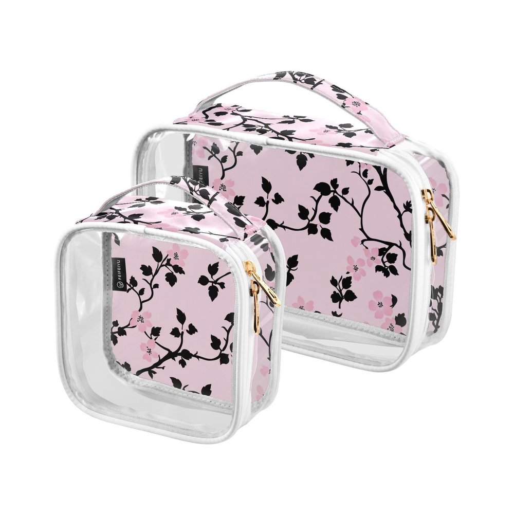 2 Pack Clear Decorative Clear Toiletry Bag TSA Approved Peach Black Blooms Little Transparent Makeup Brush Bag Travel Essential Bolsa de almacenamiento