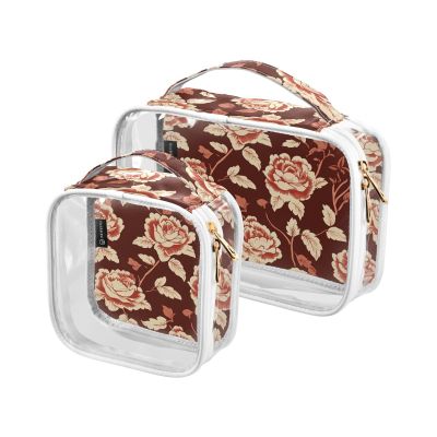 2 Pack Clear Decorative Mens Toiletry Bags for Traveling TSA Approved Red Valentine Flowers Transparent Clear Makeup Bag Airport Airline Compliant maquillaje para