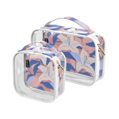2 Pack Clear Decorative Travel Toiletry kit TSA Approved Large White Lily Flowers Blue Leaves Portable Makeup Brush Bag Travel Essential Bolsa de maquillaje