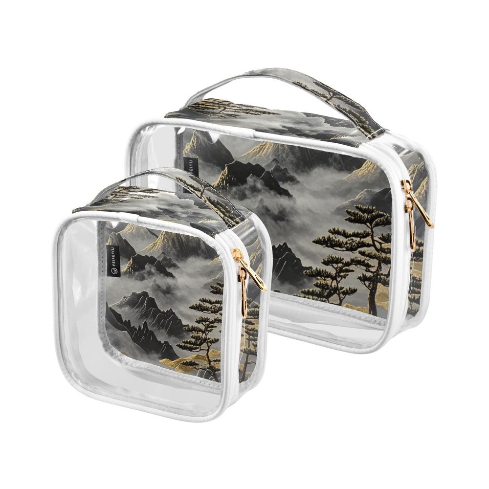 2 Pack Clear Decorative Mens Toiletry Bag TSA Approved Black Gold Chinese Landscape Waterproof Travel Cosmetic Bag Travel Essential Bolsa de maquillaje