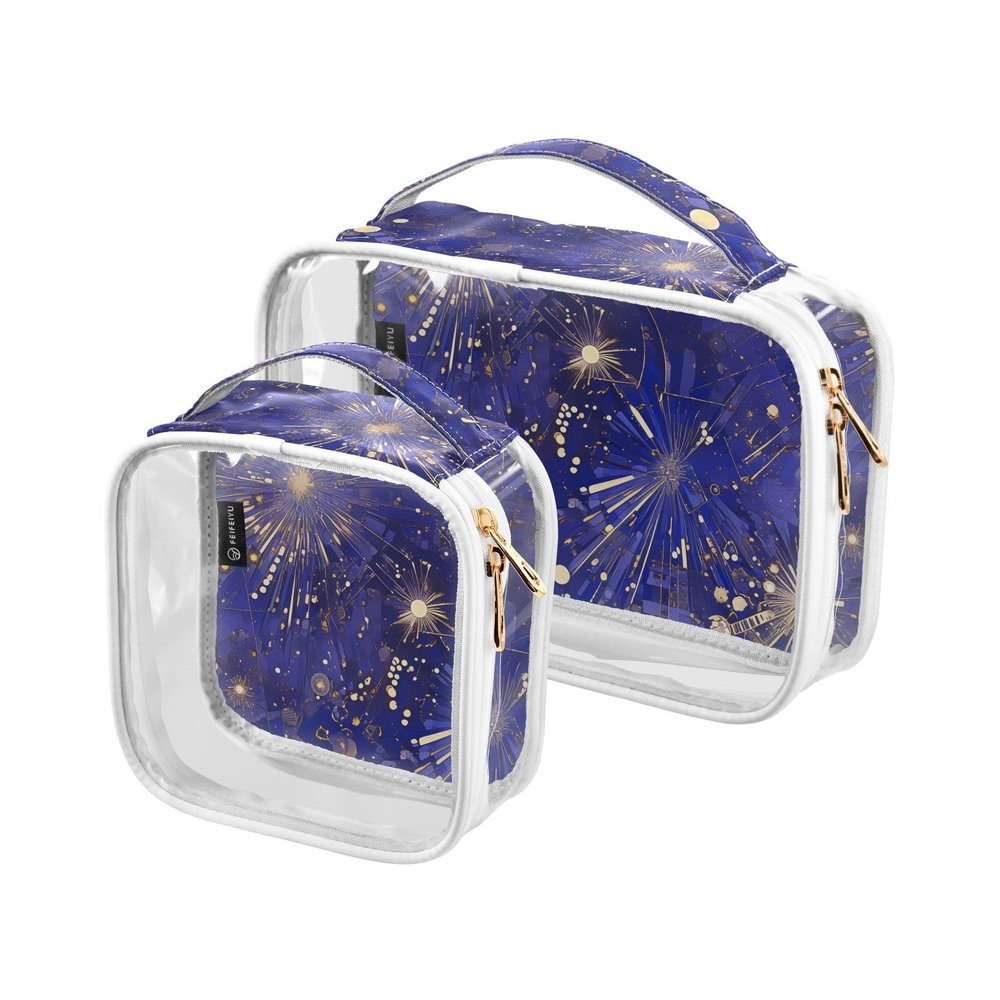 2 Pack Clear Decorative Toiletry Travel Bag TSA Approved Chic Abstract Fireworks Bursting Painting Blue Gold Water-Resistant Makeup Brush Bag Shaving Essentials de maquillaje