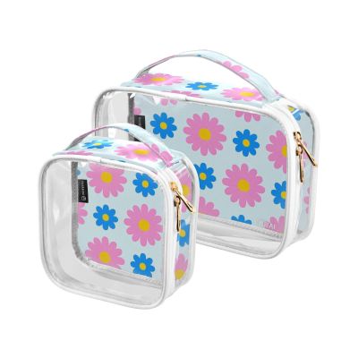 2 Pack Clear Decorative Toiletry Bag for Women TSA Approved Lovely Daisy Floral Peach Blue Water-Resistant Cosmetic Bags for Women Travel Set Travel Essential para maquillaje