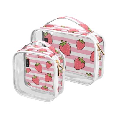 2 Pack Clear Decorative Mens Toiletry Travel Bag TSA Approved Pink White Striped Fruit Strawberry Multifunctional Makeup Brush Bag Mens Shaving kit Bolsa de almacenamiento