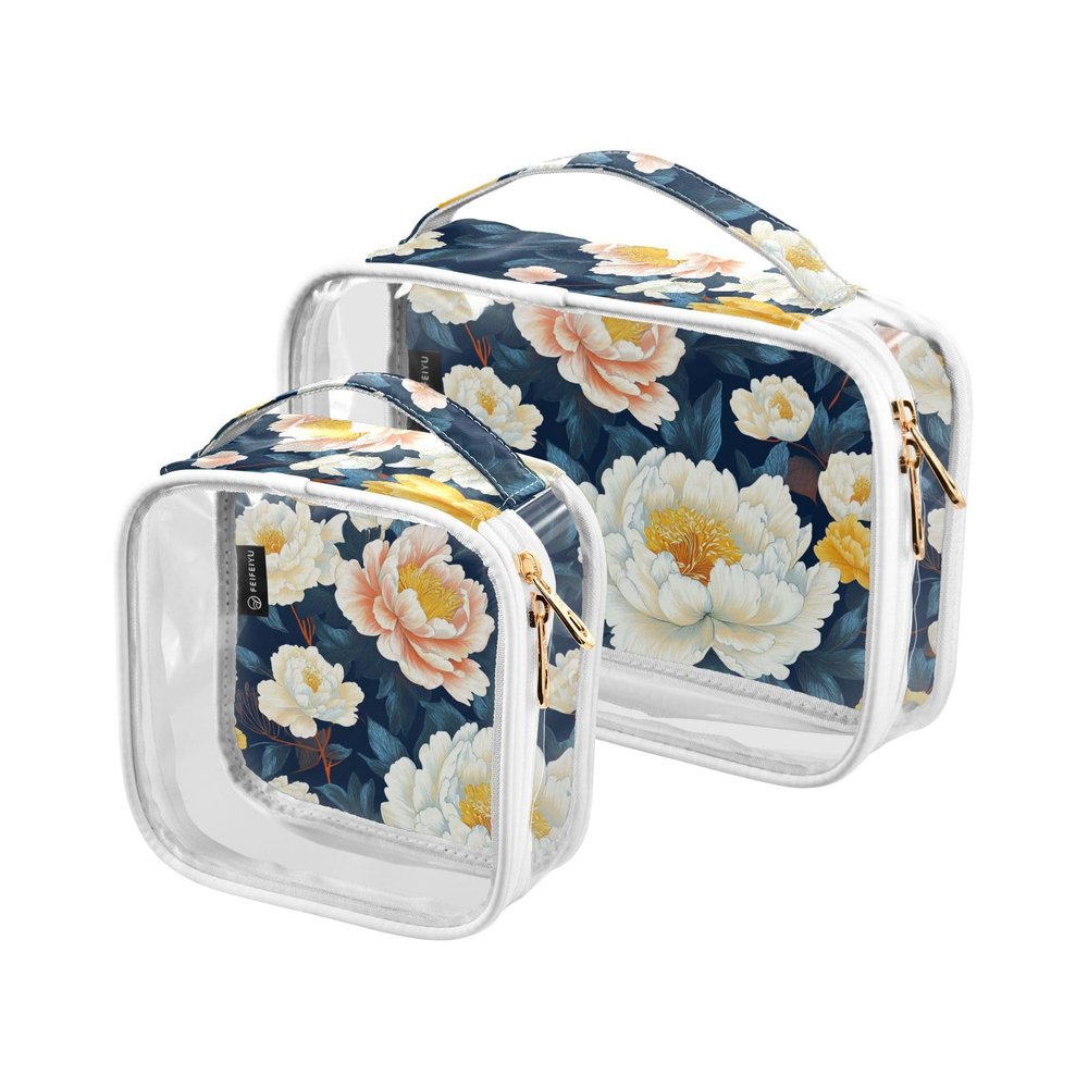 2 Pack Clear Decorative Small Toiletry Bag TSA Approved Chinese Style Peonies Floral Pattern Multifunctional Makeup Brush Bag Shaving Essentials de maquillaje