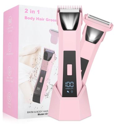 2-in-1 Bikini Trimmer for Women - Electric Razor & Pubic Hair Shaver with LED Light & Display, IPX7 Waterproof, USB-C Fast Charge, Travel Lock, Ceramic Blades for Body/Underarm/Leg, Painless Grooming