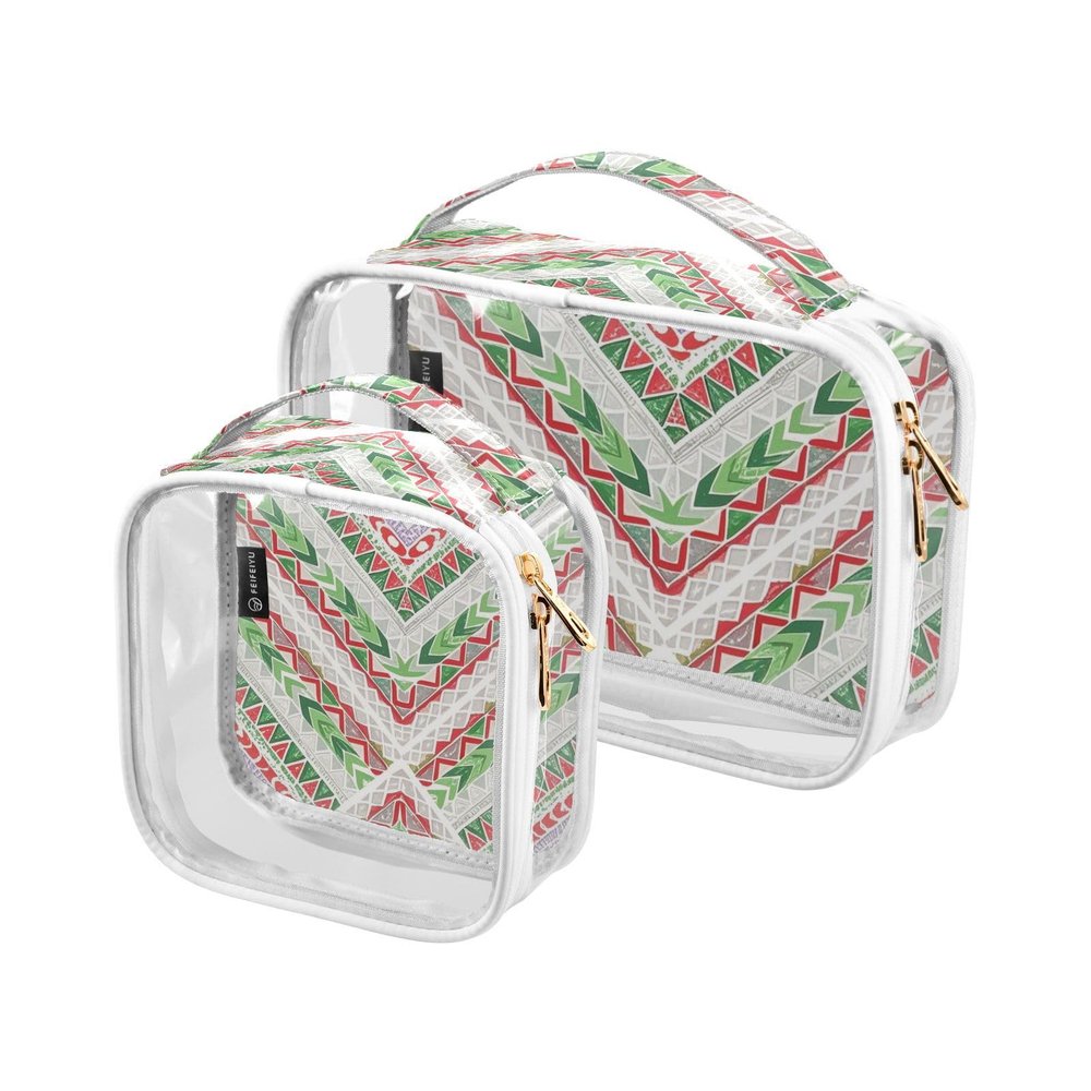 2 Pack Clear Decorative Makeup and Toiletry TSA Approved Boho Red and Green Irregular Texture Multifunctional Makeup Brush Bag Mens Shaving kit maquillaje para