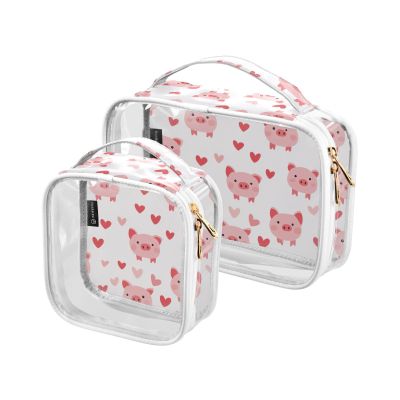 2 Pack Clear Decorative Toiletry Bag for Women TSA Approved Happy Valentine Cartoon Pig White Multifunctional Makeup Brush Bag Travel Essential maquillaje para