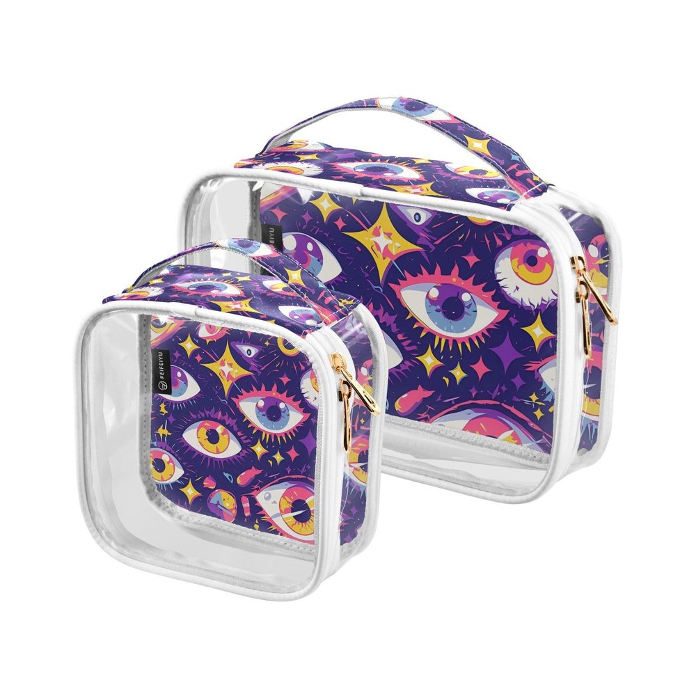 2 Pack Clear Decorative Mens Toiletry Bags for Traveling TSA Approved Cartoon Mystery Purple Eyes Waterproof Travel Cosmetic Bags for Women Shaving Essentials de maquillaje para