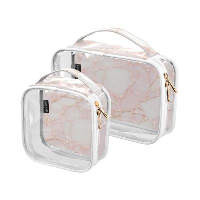 2 Pack Clear Decorative Toiletry Bag Large TSA Approved Rose Gold Luxury Marble Texture Reusable Small Cosmetic Bag Travel Essential maquillaje