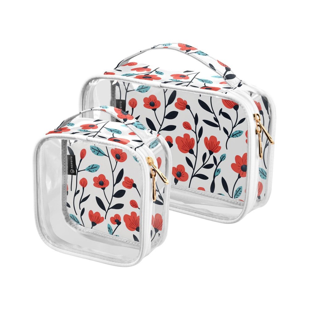 2 Pack Clear Decorative Toiletry Bag Men TSA Approved Red Flower Black Leaves Retro Cartoon Portable Travel Makeup Bag Mens Shaving kit Bolsa de maquillaje