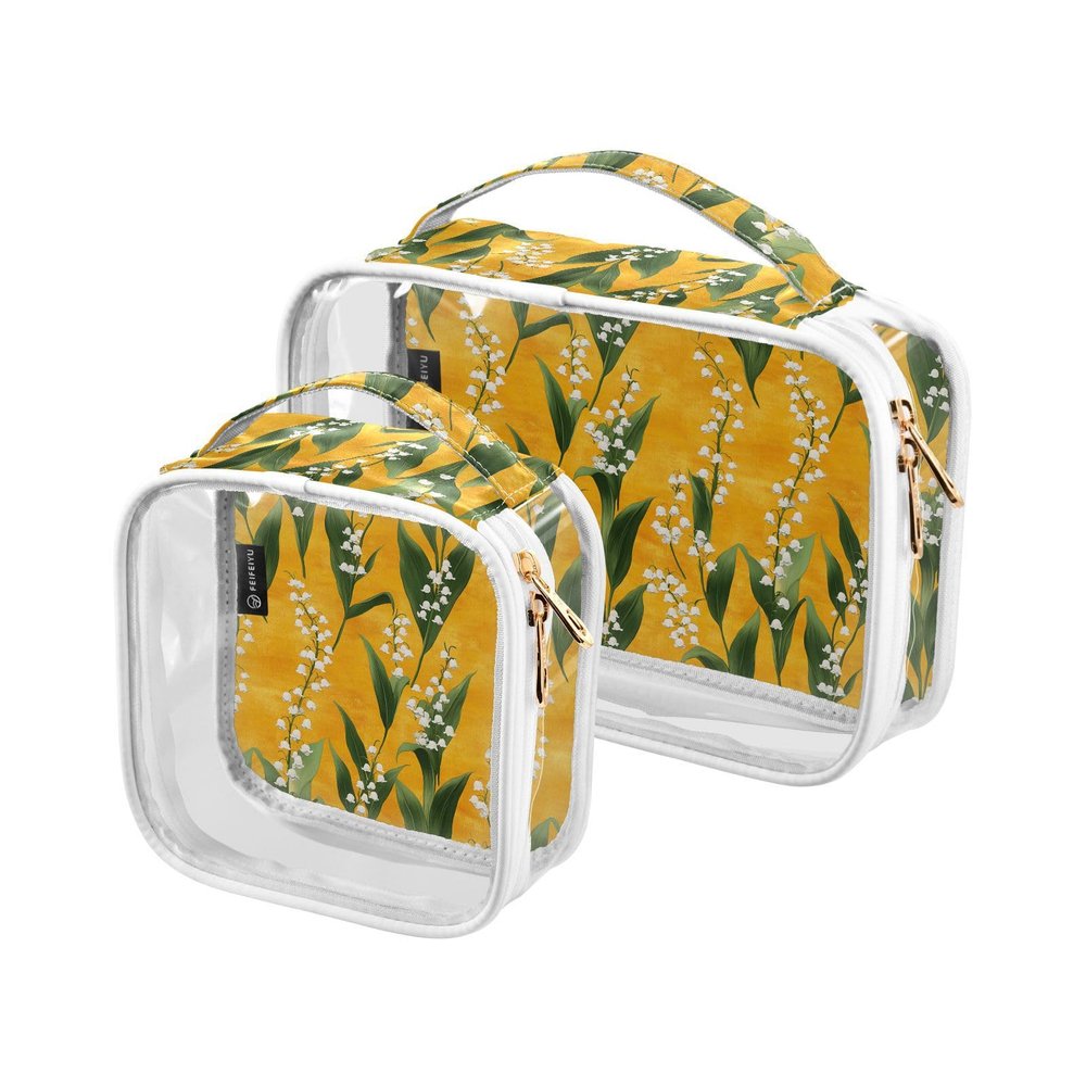 2 Pack Clear Decorative Toiletry Bag Small TSA Approved Sweet Lily of Valley Flower Gold Multifunctional Makeup Brush Bag Mens Shaving kit Bolsa de almacenamiento