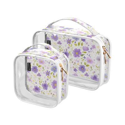 2 Pack Clear Decorative Toiletry Bag Set TSA Approved Watercolor Purple Flower and White Green Leaves Portable Small Makeup Bag Airport Airline Compliant maquillaje