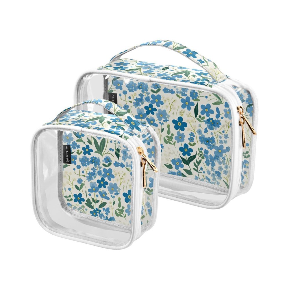 2 Pack Clear Decorative Men Toiletry Bag TSA Approved Small Flower Blue and Green Waterproof Small Cosmetic Bag Airport Airline Compliant Bolsa de maquillaje