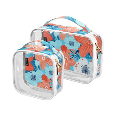 2 Pack Clear Decorative Toiletry Hanging Bag TSA Approved Flowers Turquoise and Coral Water-Resistant Makeup Brush Bag Travel Essential maquillaje para