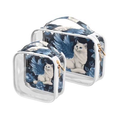 2 Pack Clear Decorative Mens Toiletry Travel Bag TSA Approved Blue Rose Winged Cat Multifunctional Small Makeup Bag Shaving Essentials de maquillaje para