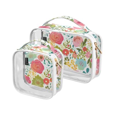 2 Pack Clear Decorative Toiletry Bags for Traveling Women TSA Approved Spring Colorful Flowers Multifunctional Makeup Brush Bag Mens Shaving kit maquillaje para