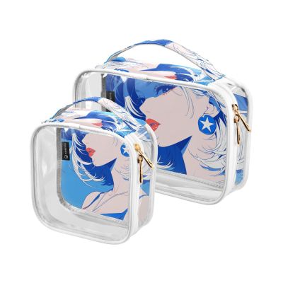 2 Pack Clear Decorative Toiletry Bag Hanging TSA Approved Fashion Girl Blue 4th of July Independence Day Transparent Clear Makeup Bag Travel Essential maquillaje para
