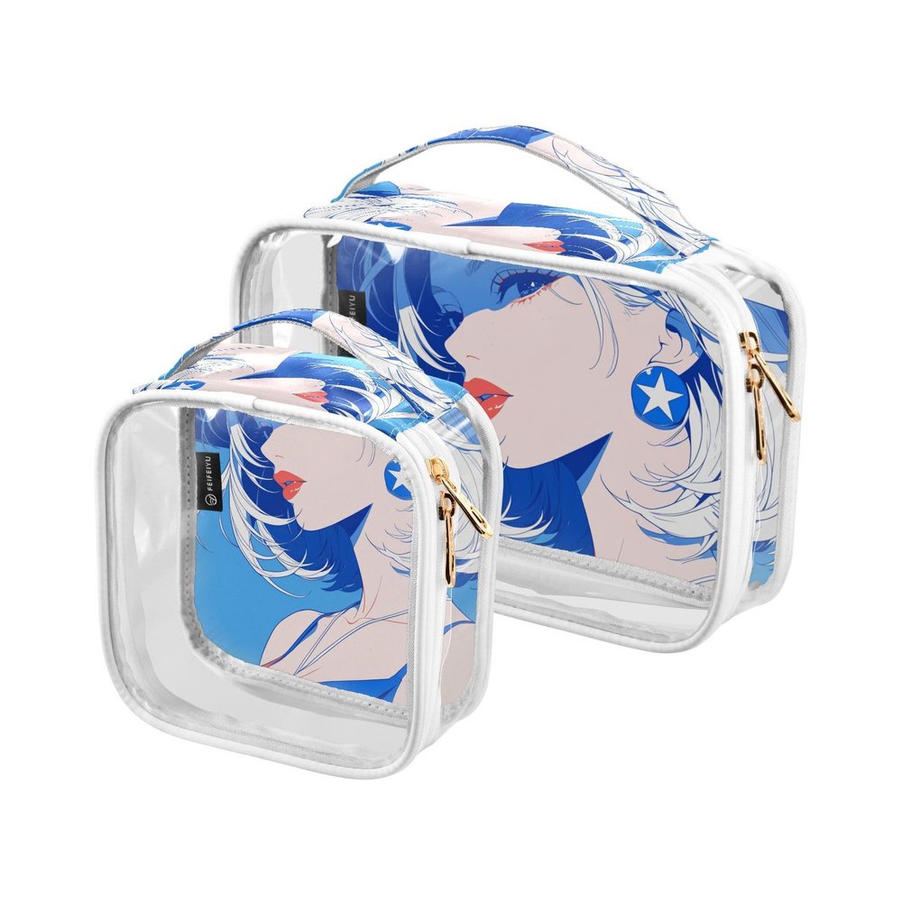 2 Pack Clear Decorative Toiletry Bag Hanging TSA Approved Fashion Girl Blue 4th of July Independence Day Transparent Clear Makeup Bag Travel Essential maquillaje para