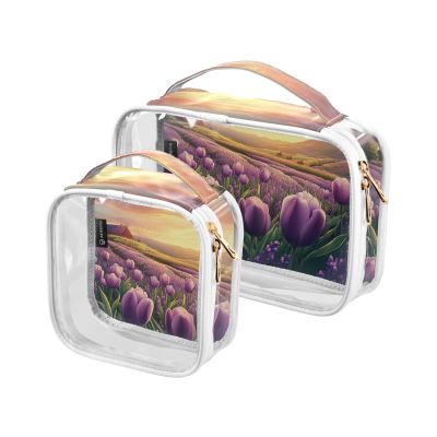 2 Pack Clear Decorative Mens Toiletry Travel TSA Approved Purple Tulipa Flower Lavender Spring Reusable Makeup Bag Organizer Travel Essential de maquillaje