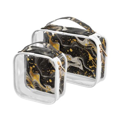 2 Pack Clear Decorative Toiletry Bag Hanging TSA Approved Swirling Black and Gold Marble Patterns Waterproof Cosmetic Bags for Women Mens Shaving kit de maquillaje