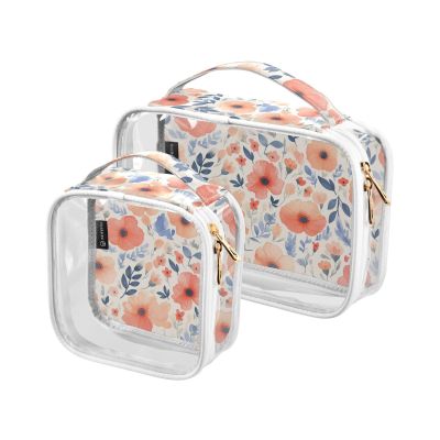 2 Pack Clear Decorative Makeup and Toiletry TSA Approved Abstract Watercolor Flower Light Coral Blue Portable Cosmetic Travel Bags for Women Airport Airline Compliant Bolsa de almacenamiento