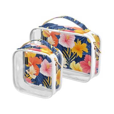 2 Pack Clear Decorative Hanging Travel Toiletry TSA Approved Hawaiian Style Tropical Flowers Palm Leaves Colorful Transparent Travel Makeup Bags Mens Shaving kit Bolsa de maquillaje