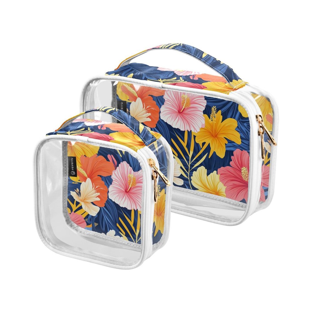 2 Pack Clear Decorative Hanging Travel Toiletry TSA Approved Hawaiian Style Tropical Flowers Palm Leaves Colorful Transparent Travel Makeup Bags Mens Shaving kit Bolsa de maquillaje
