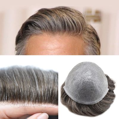 Mens Toupee Human Hair Pieces Real Wigs for Mens Hair Systems Replacements 0.06mm V Looped Thin Skin Man Hair Units #330 Dark Brown+30% Gray