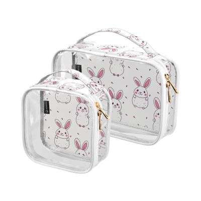 2 Pack Clear Decorative Toiletry Bags for Traveling Women TSA Approved Animal Rabbit Simple Line Cartoon Style Waterproof Makeup Brush Bag Travel Essential para maquillaje