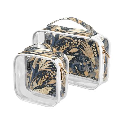 2 Pack Clear Decorative Mens Toiletry Travel Bag TSA Approved Vintage Leaves Pattern Deep Blue Beige Waterproof Travel Makeup Bags Shaving Essentials de maquillaje
