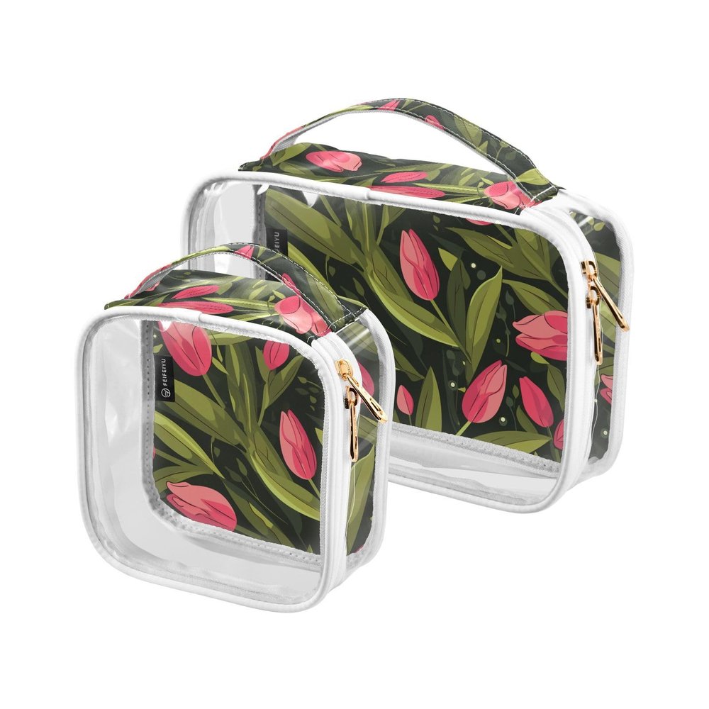 2 Pack Clear Decorative Mens Toiletry Travel TSA Approved Pink Tulipa Green Leaves Flat Illustration Style Reusable Makeup Brush Bag Mens Shaving kit maquillaje para