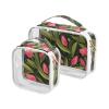 2 Pack Clear Decorative Mens Toiletry Travel TSA Approved Pink Tulipa Green Leaves Flat Illustration Style Reusable Makeup Brush Bag Mens Shaving kit maquillaje para view 1