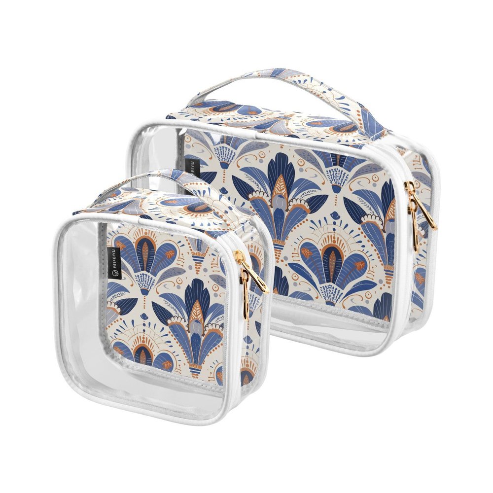 2 Pack Clear Decorative Travel Bag Toiletry TSA Approved Retro French Flower Pattern Orange Blue Transparent Bags for Women Airport Airline Compliant de maquillaje