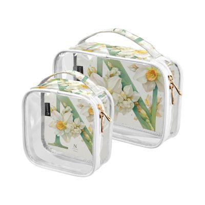 2 Pack Clear Decorative Men Toiletry Bag TSA Approved Floralmorphic Letter N White Narcissus Flower Watercolor Waterproof Bags for Women Airport Airline Compliant de maquillaje para