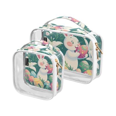 2 Pack Clear Decorative Hanging Travel Toiletry TSA Approved Cartoon Easter Cute Bunny Colorful Easter Egg Transparent Travel Makeup Bags Shaving Essentials maquillaje para