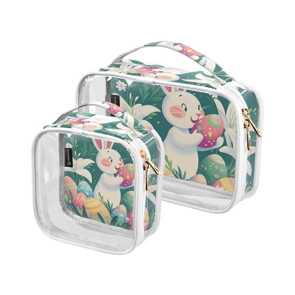 2 Pack Clear Decorative Hanging Travel Toiletry TSA Approved Cartoon Easter Cute Bunny Colorful Easter Egg Transparent Travel Makeup Bags Shaving Essentials maquillaje para