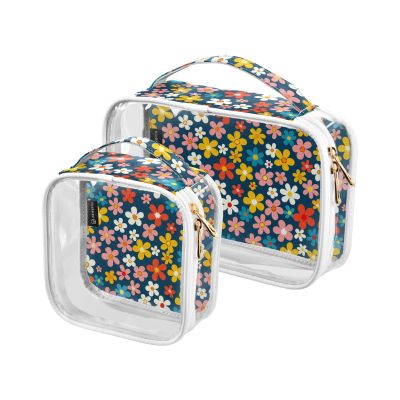 2 Pack Clear Decorative Toiletry Bags for Traveling Women TSA Approved Retro Blue Flower Country Style Transparent Cosmetic Bags for Women for Purse Shaving Essentials Bolsa de almacenamiento