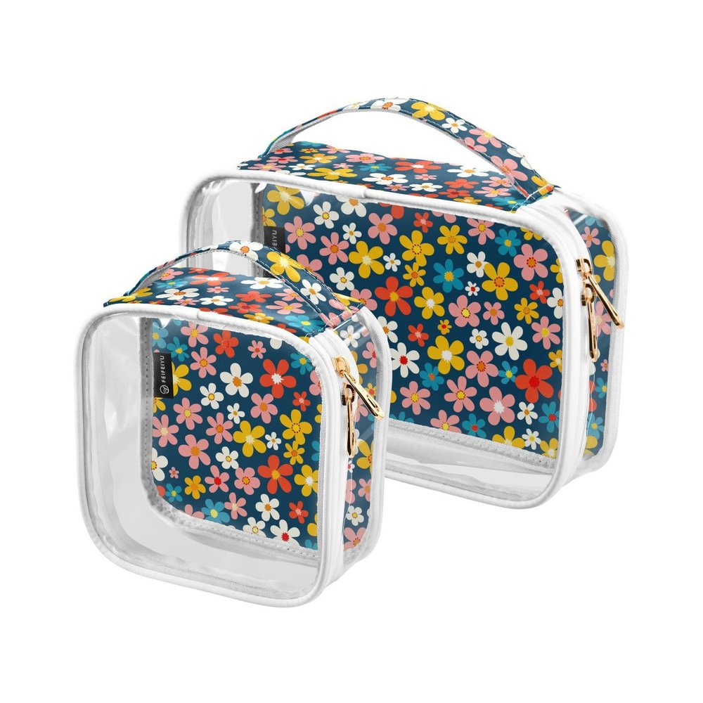 2 Pack Clear Decorative Toiletry Bags for Traveling Women TSA Approved Retro Blue Flower Country Style Transparent Cosmetic Bags for Women for Purse Shaving Essentials Bolsa de almacenamiento