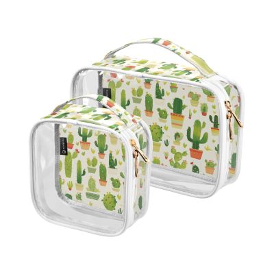 2 Pack Clear Decorative Toiletry Bags for TSA Approved Cactus Green Cartoon Water-Resistant Makeup Brush Bag Shaving Essentials para maquillaje