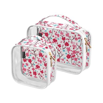 2 Pack Clear Decorative Travel Toiletry Bags TSA Approved Red Turquoise Floral Pattern Flat Vector Style Portable Cosmetic Bags for Women for Purse Airport Airline Compliant de maquillaje para