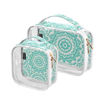 2 Pack Clear Decorative Toiletry Bags for TSA Approved Boho Mint Green Vintage Flowers Waterproof Travel Makeup Bag Mens Shaving kit de maquillaje