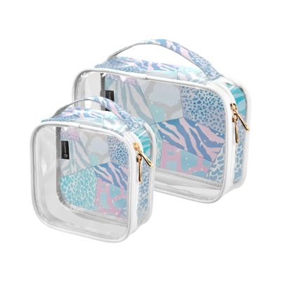 2 Pack Clear Decorative Travel Toiletry Bags TSA Approved Pink Blue Marble Leopard Print Reusable Makeup Travel Bag Mens Shaving kit de maquillaje para