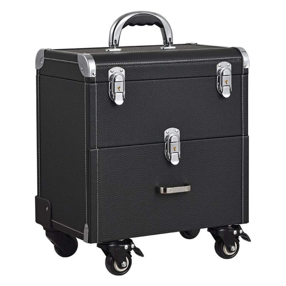 LSSOAZZVVN Two-Layer Rolling Makeup with Mute Caster Professional Large Capacity Nail Beauty Trolley Cosmetic Case, (Black)