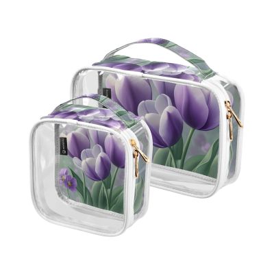 2 Pack Clear Decorative Mens Toiletry Bags TSA Approved Purple Tulipa Violets Flowers Spring Waterproof Makeup Brush Bag Travel Essential de maquillaje
