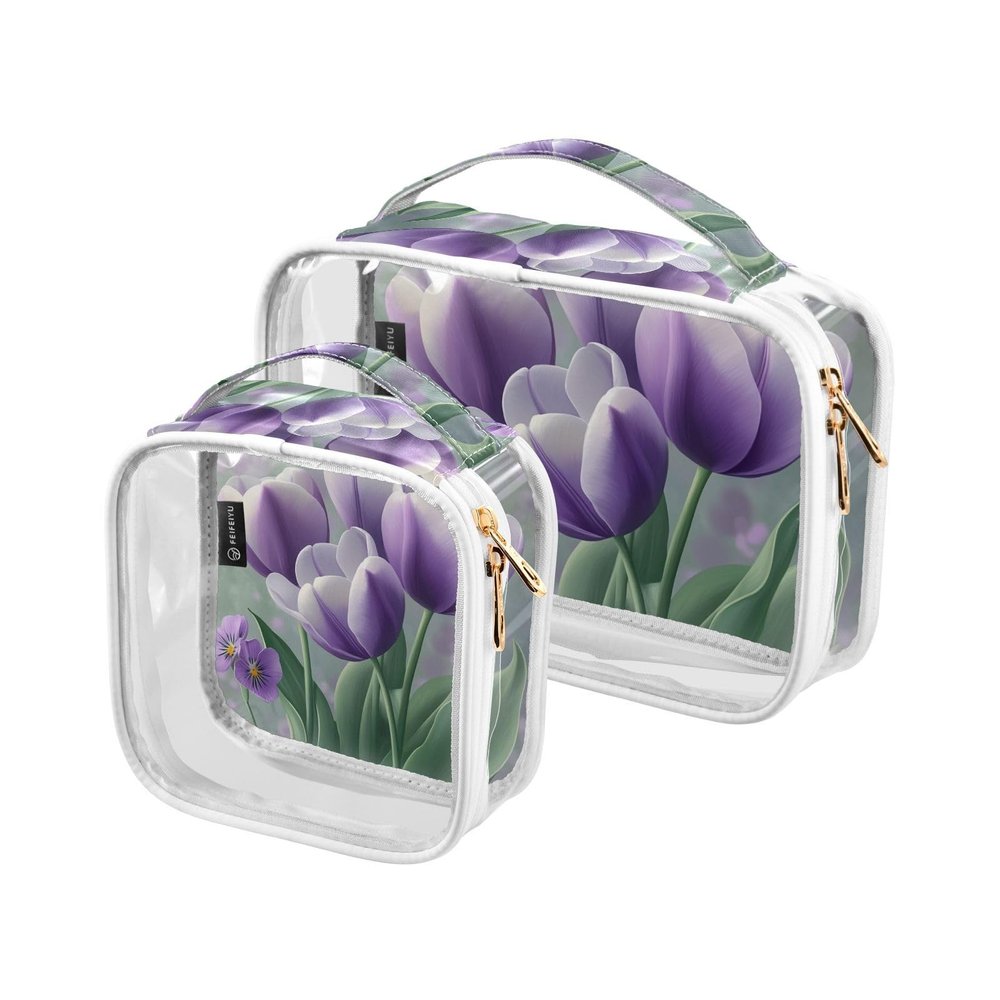 2 Pack Clear Decorative Mens Toiletry Bags TSA Approved Purple Tulipa Violets Flowers Spring Waterproof Makeup Brush Bag Travel Essential de maquillaje