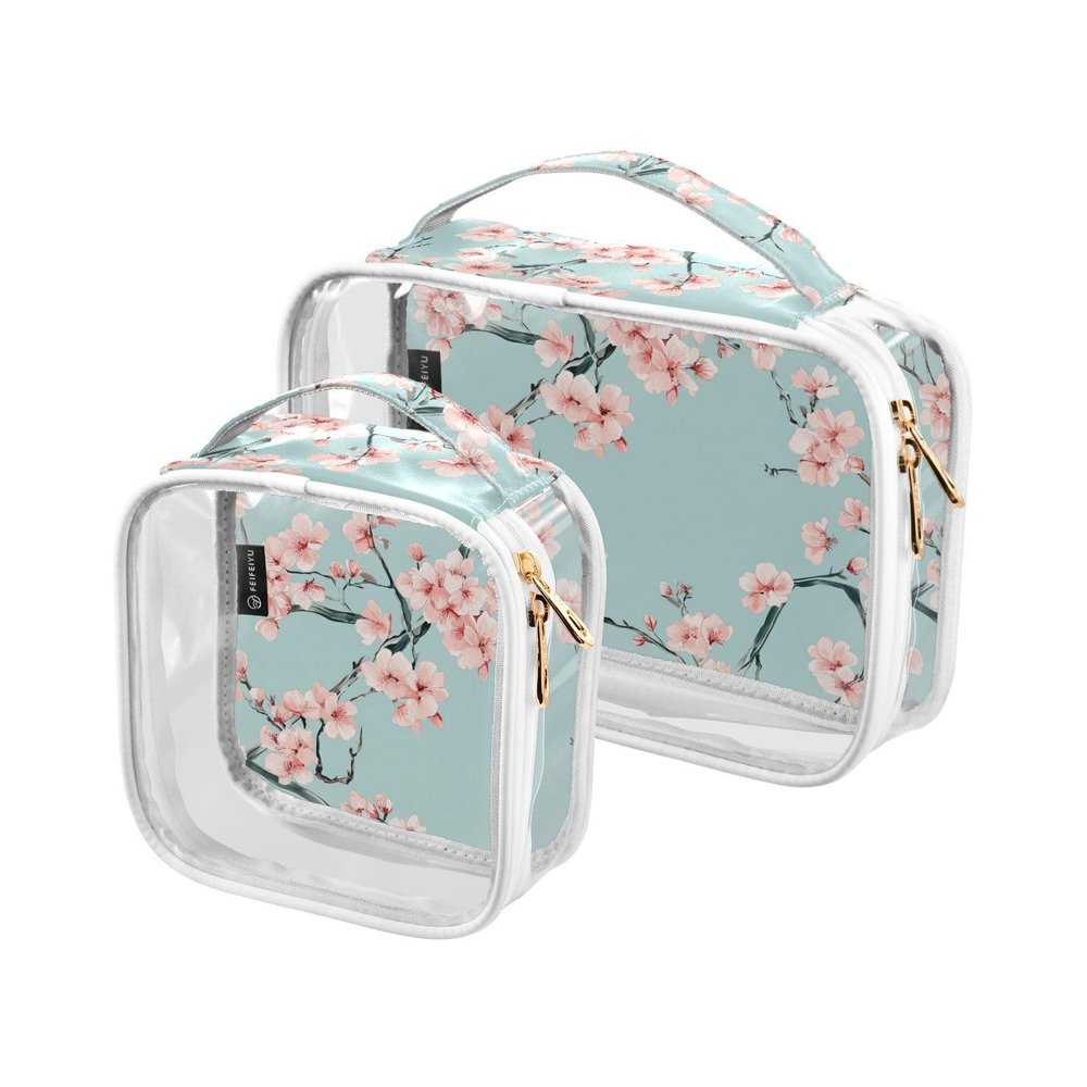 2 Pack Clear Decorative Small Toiletry Bag TSA Approved Nature Peach Cherry Blossom Teal Portable Cosmetic Bag Travel Mens Shaving kit Bolsa de maquillaje