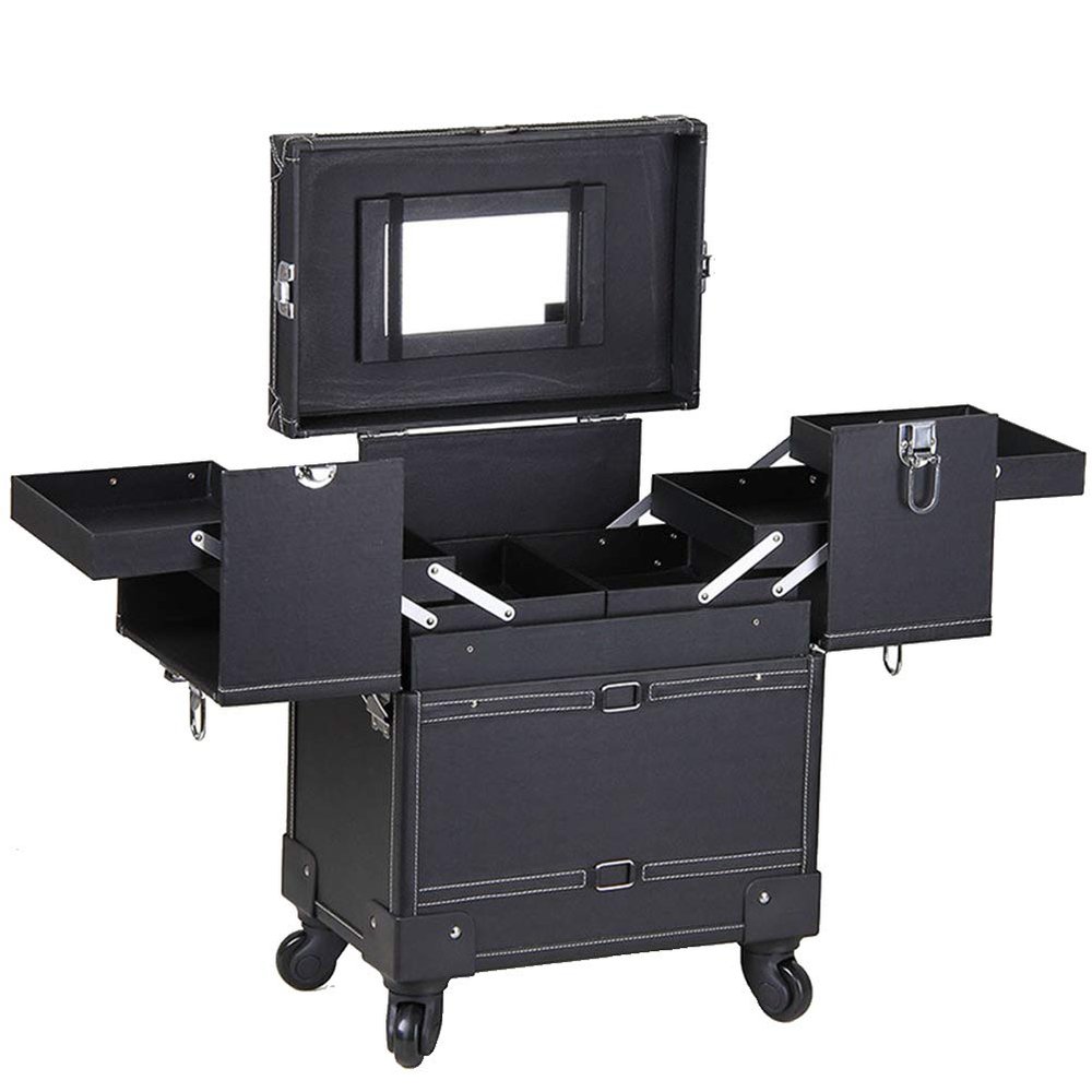 LSSOAZZVVN Large Makeup Vanity Case on Wheels with Mirror Professional High Capacity Cosmetics Box Trolley Case for Hairdressing Nail Makeup